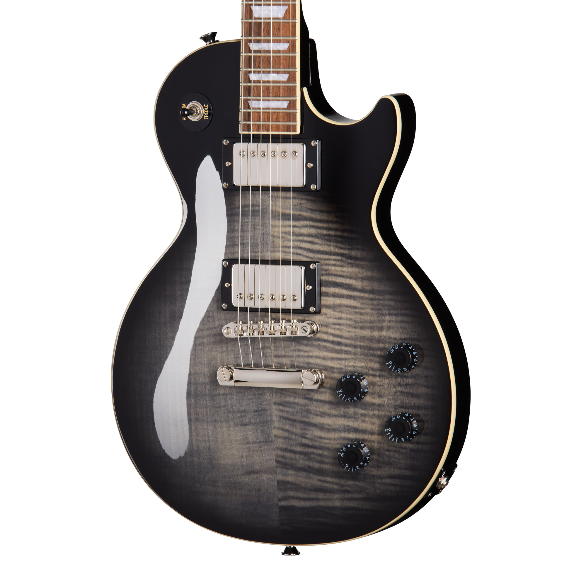 E-Gitarre, massiver Korpus, grau-schwarzes Finish, geflammte Decke, Doppelspulen-Tonabnehmer